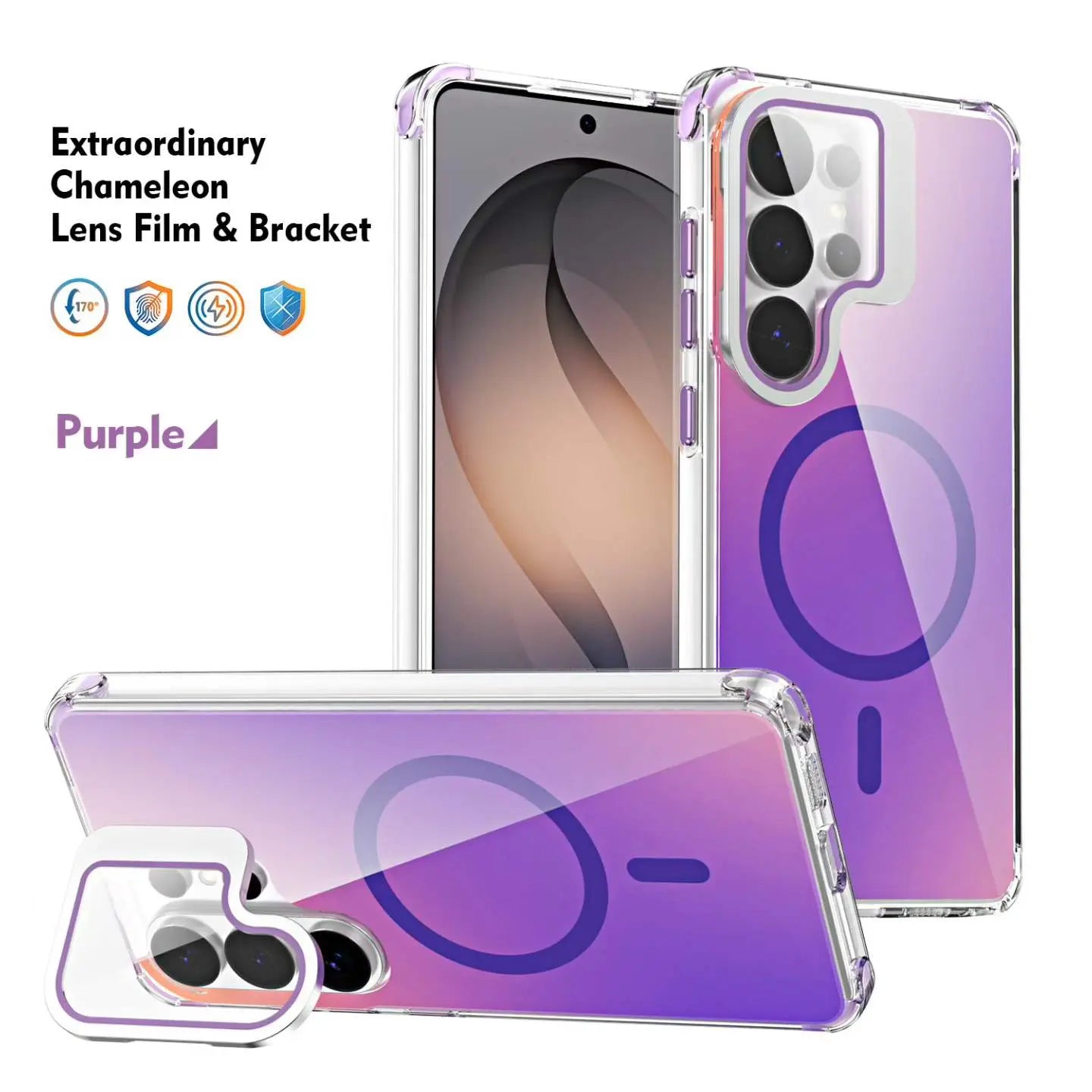 Samsung Extraordinary Chameleon Magnetic Case for S26 Ultra S25 S24 S23 Gradient Purple Pink Glitter Back, Magsafe Support, Built-In Camera Lens Film, 170 ° Drop Protection, Soft TPU Bumper, Accessories, Smartphone