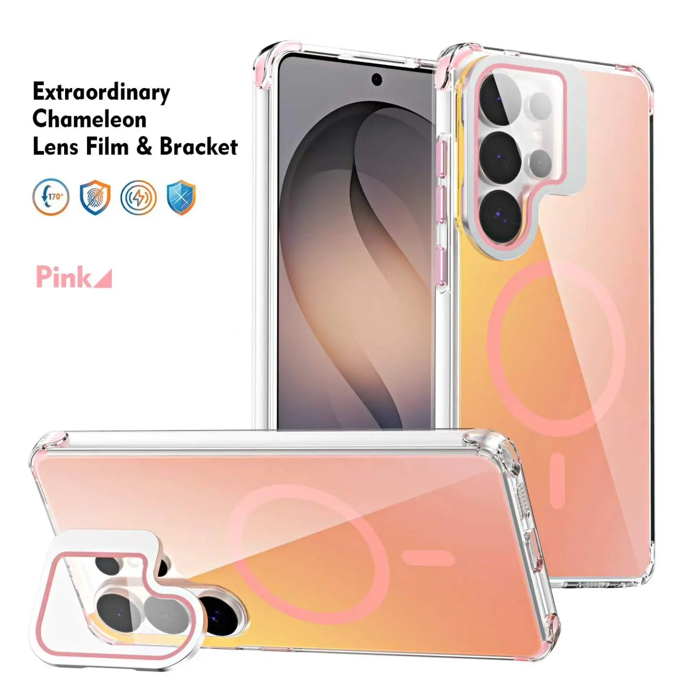Samsung Extraordinary Chameleon Magnetic Case for S26 Ultra S25 S24 S23 Gradient Purple Pink Glitter Back, Magsafe Support, Built-In Camera Lens Film, 170 ° Drop Protection, Soft TPU Bumper, Accessories, Smartphone