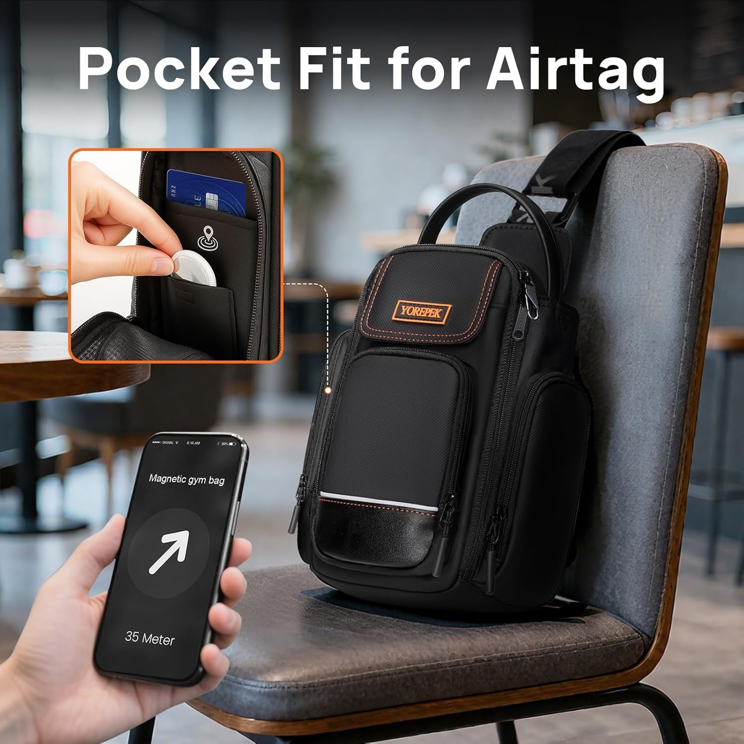 Insulated Magnetic Gym Bag, Small Gym Bag with Phone & Pouch for Air Tag, Crossbody Water-Resistant Bottle Carrier with Adjustable Strap for Work, Gym, Sports