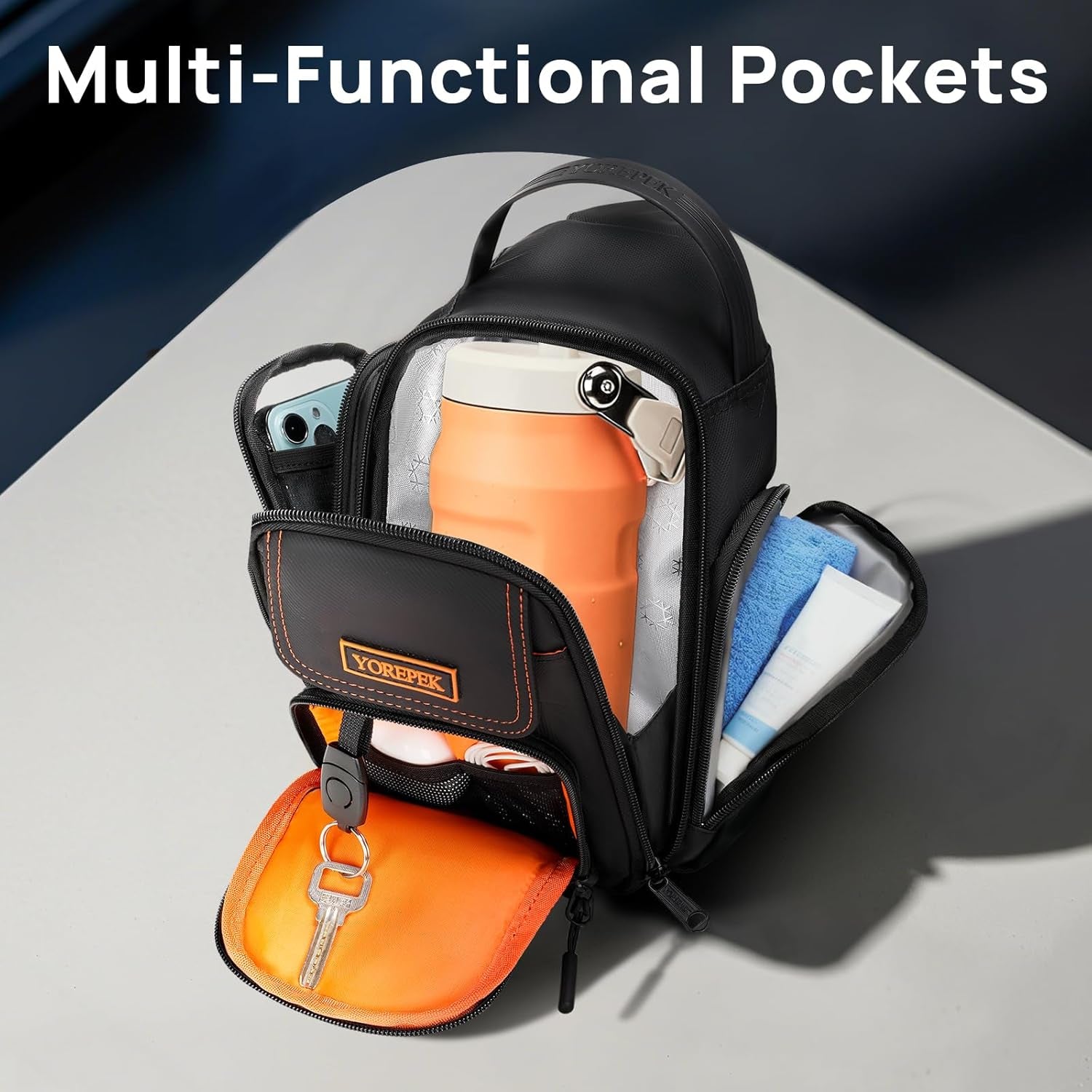 Insulated Magnetic Gym Bag, Small Gym Bag with Phone & Pouch for Air Tag, Crossbody Water-Resistant Bottle Carrier with Adjustable Strap for Work, Gym, Sports