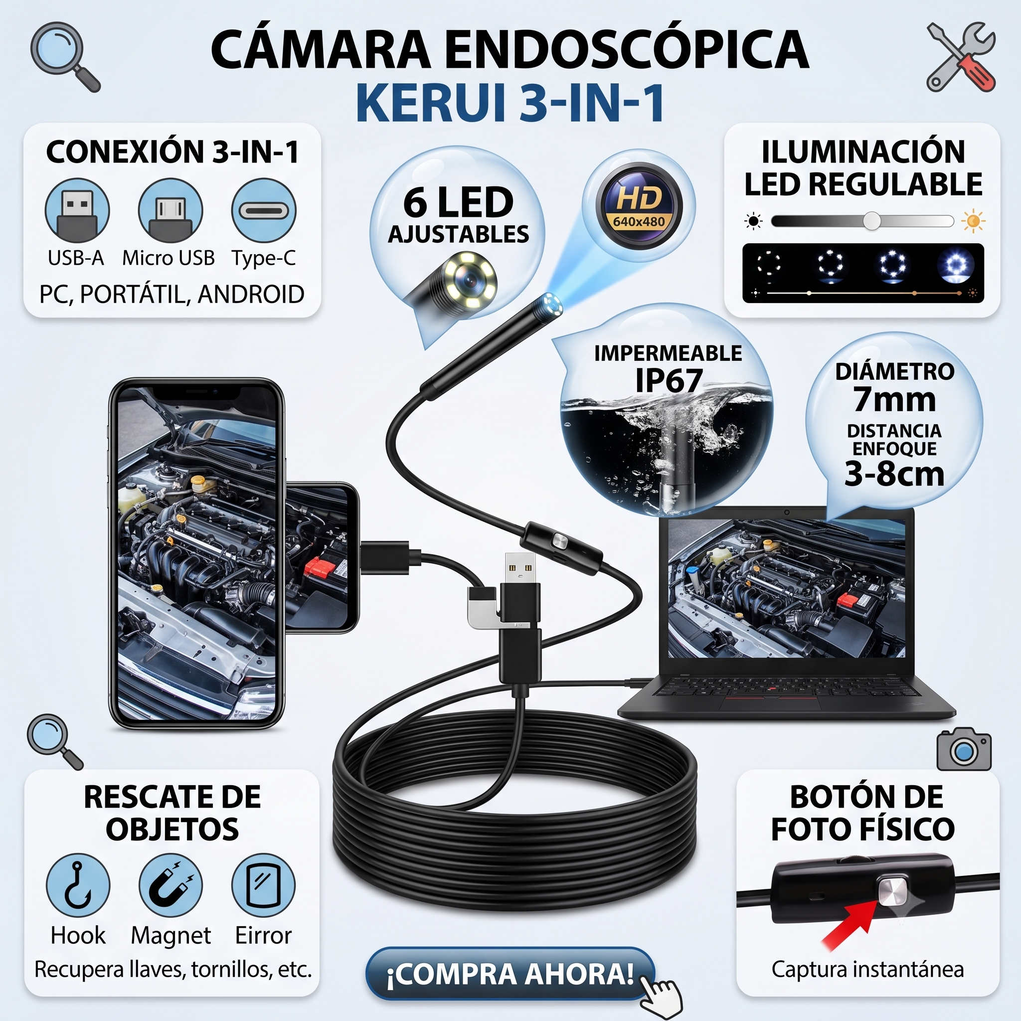 Cámara Endoscópica HD 3-en-1 Impermeable – Inspección Profesional al Alcance de tu Mano