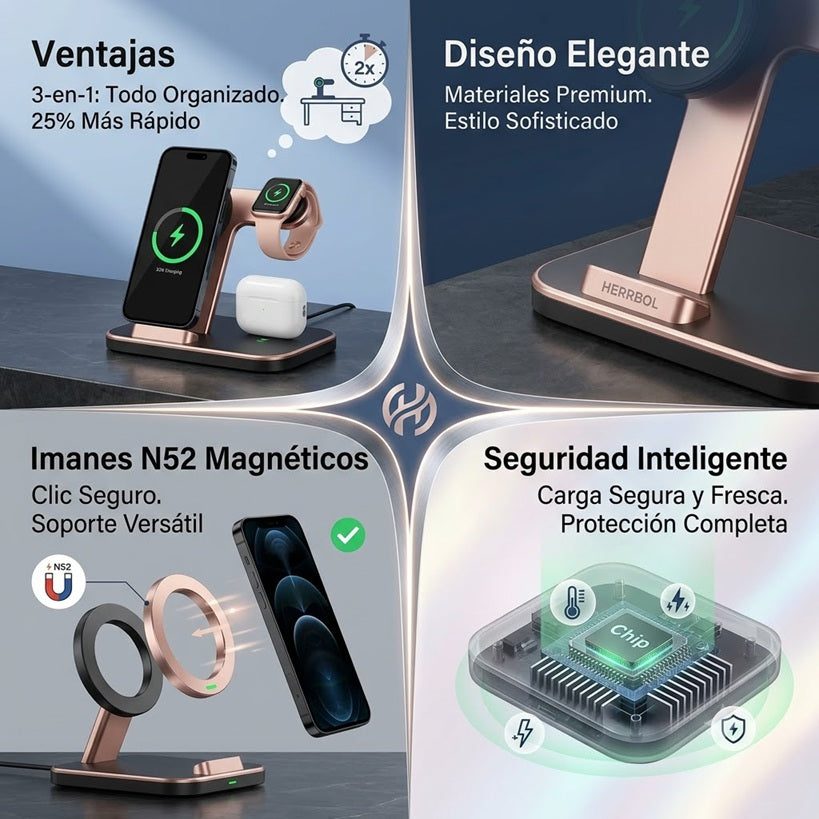 Estación de Carga Magnética 3 en 1 Premium: Compatible con MagSafe para iPhone, Apple Watch y AirPods