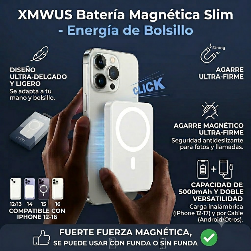 Batería Externa Magnética Slim 5000mAh: Batería Portátil Inalámbrica Compatible con MagSafe para iPhone