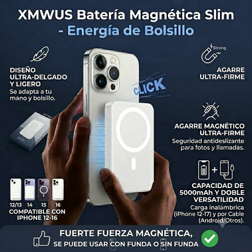 Batería Externa Magnética Slim 5000mAh: Batería Portátil Inalámbrica Compatible con MagSafe para iPhone